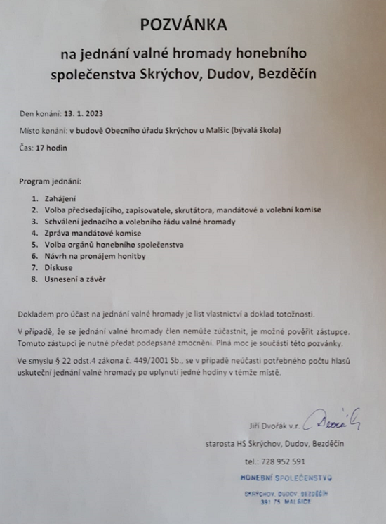 Pozvánka na jednání valné hromady honebního společenstva Skrýchov, Dudov, Bezděčín